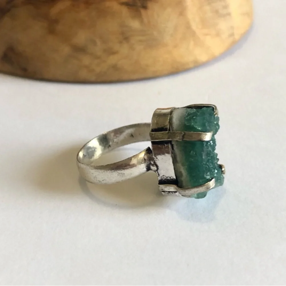 Green Druzy Silver Plated Ring